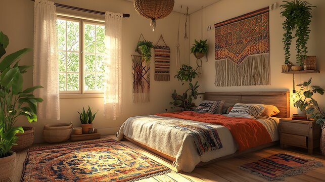 A cozy, eclectic bohemian bedroom with a blend of rustic wood furniture, colorful patterned textiles, layered rugs, hanging plants, and macram&eacute; accents, creating a warm, relaxed vibe --ar 16:9