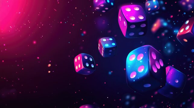 A vibrant image of glowing dice falling against a black background with colorful glowing particles.