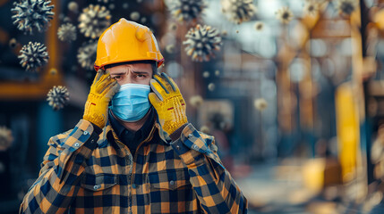 Construction Worker Wearing Protective Gear Amidst Floating Virus Particles