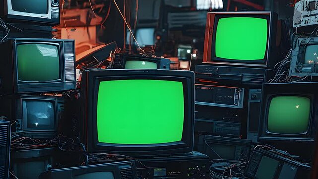 old television set, classic tube tv with green screen, for video editing