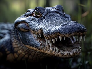 Obraz premium Close-up of a fierce alligator with sharp teeth in its open mouth