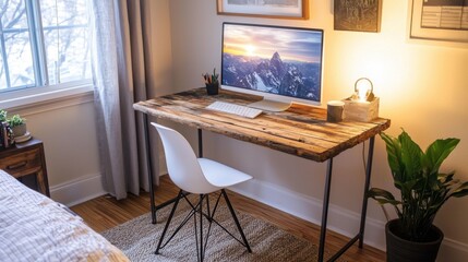 Cozy Home Office with Stylish Wooden Desk and Monitor