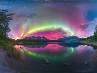 Naklejka premium Breathtaking aurora borealis over serene mountain lake