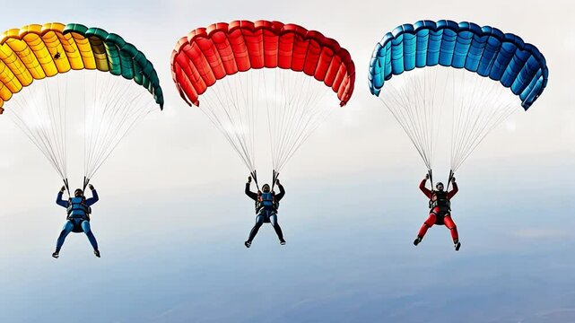 Skydiving Trio: Colorful Canopies and Adrenaline Rush 