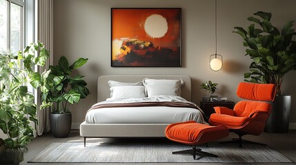 A minimalist bedroom with light gray walls and neutral bedding, accented with bright green plants, a bold red chair, and vibrant artwork for a striking, modern style --ar 16:9