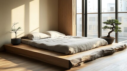 A minimalist bedroom with Zen-inspired decor, including a low wooden bed, simple linen sheets, a small bonsai on the windowsill, and muted, earthy colors for a tranquil feel --ar 16:9