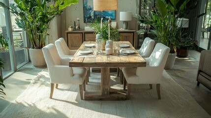Fototapeta premium Modern Dining Room with Natural Elements and Greenery
