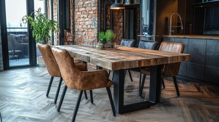 Rustic Dining Area with Wooden Table and Leather Chairs