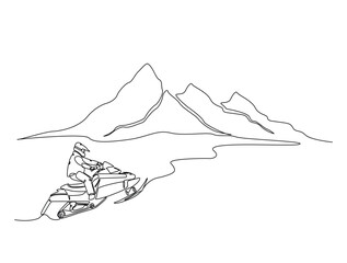 Continuous one line drawing of snowmobile extreme sport in mountain landscape background. Editable vector.