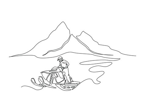 snowmobiling in mountains, single line art clip art preview