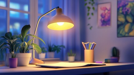 Fototapeta premium Cozy Evening Desk with Lamp Illumination in Warm Blue Serenity and Green Plant Atmosphere