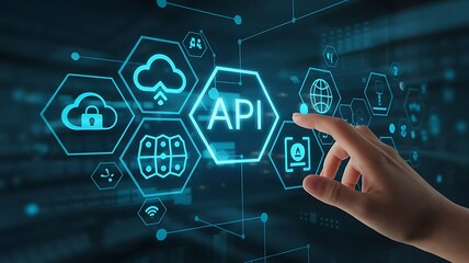 Obraz premium businessman pressing virtual button API, application programming interface. cloud computing concept, cloud technology, Saas, Paas, Iaas. AWS Services 