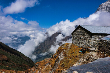 Campsite outside the village of Chutanga,3500 m,a staging point for hikers climbing towards the Zatrwa La pass,4610 m on the way to Mera Peak base camp,Nepal 