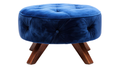 Modern blue ottoman with wooden legs on white transparent background
