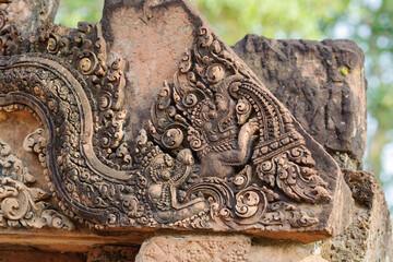 Bas-relief Sculpture at prasat Banteay Srei, Siem Reap, Cambodia.