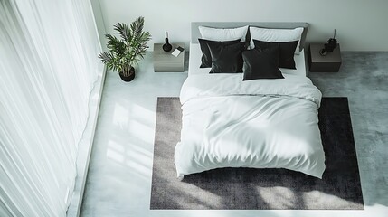 A modern monochromatic bedroom, featuring a white bed with black throw pillows, a gray rug, and clean lines, surrounded by smooth white walls for a spacious and airy aesthetic --ar 16:9