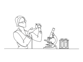 Continuous one line drawing of scientist holds flashk in labs with microscope and laboratory equipment . Editable vector.
