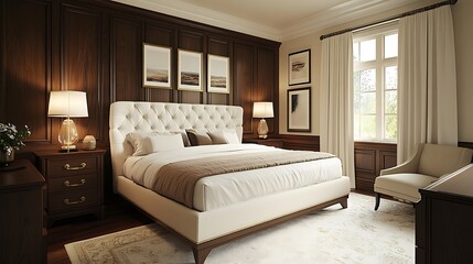 Fototapeta premium A refined bedroom with a modern classic style, featuring a white tufted bed, dark wood furniture, elegant molding, and subtle gold accents, creating a luxurious and balanced space --ar 16:9