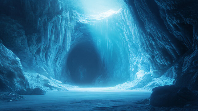 mystical blue ice cave entrance with glowing light  background illustration
