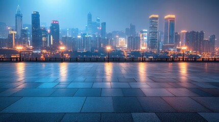 A nighttime cityscape with illuminated skyscrapers and a reflective pavement.