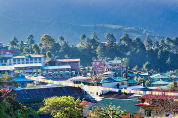 Picturesque view of Lukla town with its many tea houses,lodges and Hillary-Tenzing Airport, the base for all major himalayan expeditions to Everest and other great peaks,Lukla,Nepal 