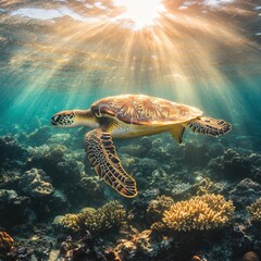 Obraz premium Majestic sea turtle swimming in vibrant coral reef with sunlight beaming through the water
