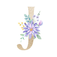 Letter J, gold floral monogram with watercolor flowers and leaf. Golden letterhead, initial perfectly for logo, wedding invitation, greeting card, poster. Holiday digital design hand drawing.