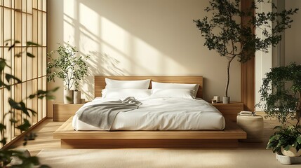A Scandinavian-style bedroom with minimalist decor, a wooden platform bed, crisp white sheets, and cozy wool blankets, surrounded by plants for a touch of freshness --ar 16:9