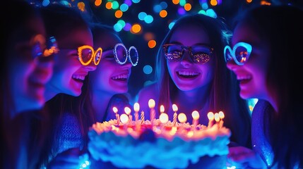 Obraz premium Friends celebrating birthday with a glowing cake and neon glasses, enjoying the festive night.