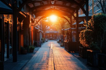 A cobblestone walkway leads to a glowing sunset through a covered walkway.