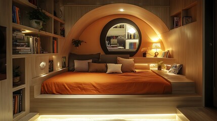 A small loft bedroom with contemporary furniture, featuring a minimalist bed, clever storage shelves, and a cozy reading nook, illuminated by soft lighting for a welcoming vibe --ar 16:9