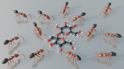 Ants are attracted to sucrose, often preferred over other sugars, because it's a concentrated energy source that's lightweight and easy to carry; 3d rendering.