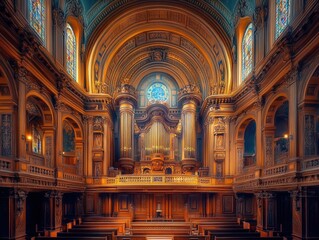 Obraz premium Ornate and majestic interior of a historic cathedral with intricate architectural details and stained glass windows