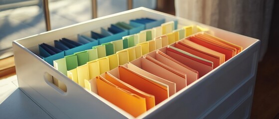 Colorful file folders neatly organized in a storage box