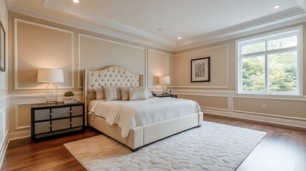 Fototapeta premium A sophisticated modern classic bedroom with elegant crown molding, a tufted headboard, soft beige walls, and contemporary nightstands, creating a timeless yet updated look --ar 16:9
