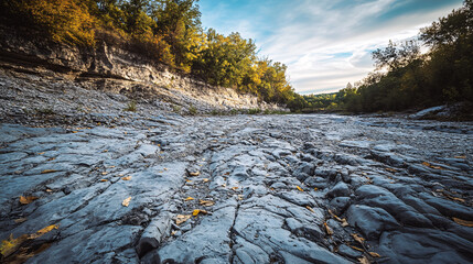 Naklejka premium gray rocky dry riverbed with autumn trees and cloudy sky in the background
