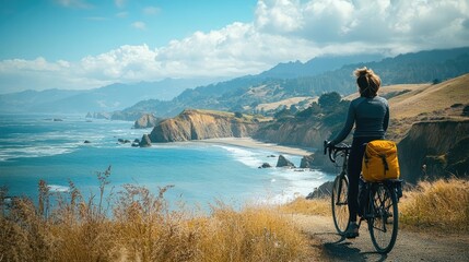 Fototapeta premium A traveler riding a bicycle along the coast, with wind in their hair