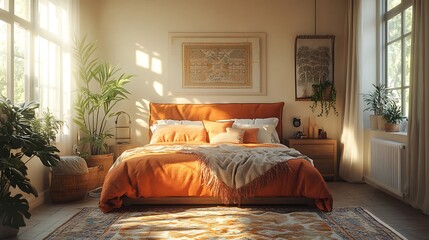 A stylish bedroom with earthy textures, featuring a suede headboard, woven rugs, layered bed linens, and cozy blankets, with sunlight streaming in to highlight the warmth of the materials --ar 16:9