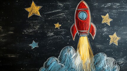 Whimsical Rocket Launch Chalk Drawing on Blackboard Depicting and Adventure