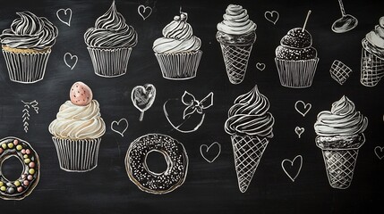 Blackboard Filled with Chalk Doodles of Delectable Desserts and Sweets