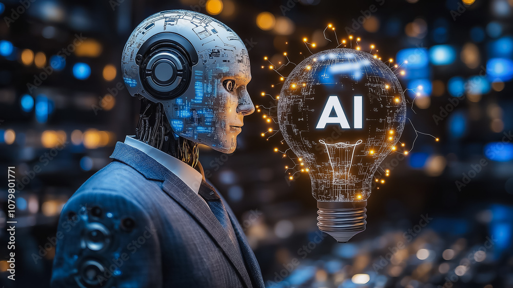 Poster a robot with a light bulb on its head and the word ai written on it. the robot is standing in front 