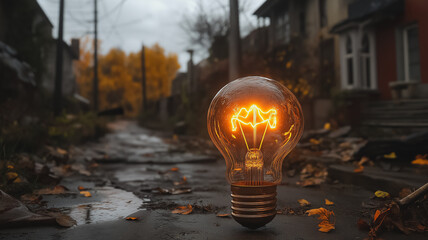 A light bulb is lit up in the middle of a street. The light bulb is surrounded by leaves and the street is wet. Scene is eerie and mysterious