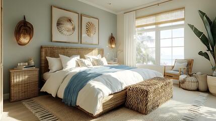 A tranquil coastal bedroom with sandy beige and ocean blue decor, linen bedding, seashell art, and natural textures, warm sunlight giving the space a gentle, soothing vibe --ar 16:9