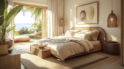 A tranquil coastal bedroom with sandy beige and ocean blue decor, linen bedding, seashell art, and natural textures, warm sunlight giving the space a gentle, soothing vibe --ar 16:9