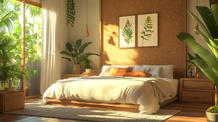 A warm and inviting eco-friendly bedroom, featuring cork wall panels, recycled furniture, organic cotton linens, and leafy plants, designed to create a sustainable, earthy feel --ar 16:9