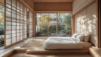 Fototapeta premium A Zen retreat bedroom with soft white walls, light wood furniture, a single tatami mat, and warm, natural lighting, creating a peaceful and meditative space --ar 16:9