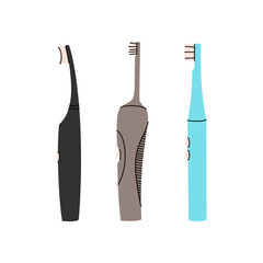 Electric toothbrushes vector set. Dentistry concept, oral care. Different toothbrushes designs. Teeth cleaning accessories. Colorful vector set isolated on a white background
