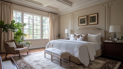 An airy modern classic bedroom featuring beige walls, ornate ceiling details, a vintage-inspired bed frame, and a contemporary rug, combining classic elegance with modern comfort --ar 16:9