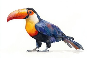 A colorful watercolor illustration of a toucan with a vibrant beak and plumage.