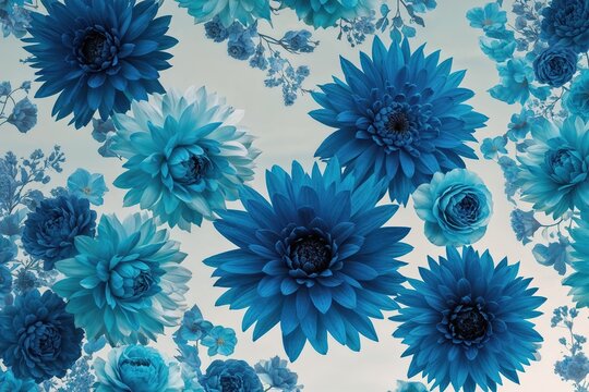 A Dreamlike Mix of Azure and Cerulean Floral Forms on a Crystal-Clear Background